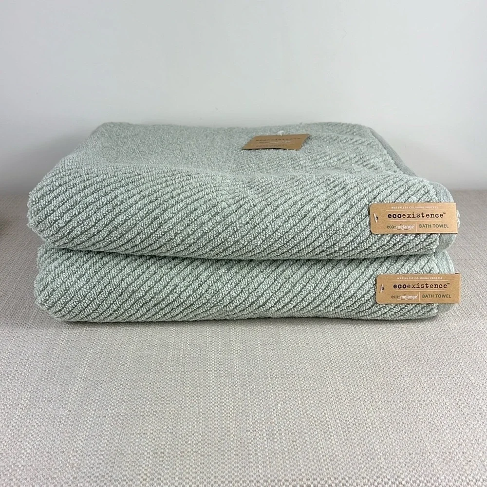 Ecoexistence Bath Towel Set Green Textured Zero Twist Loops Set of 2 NEW